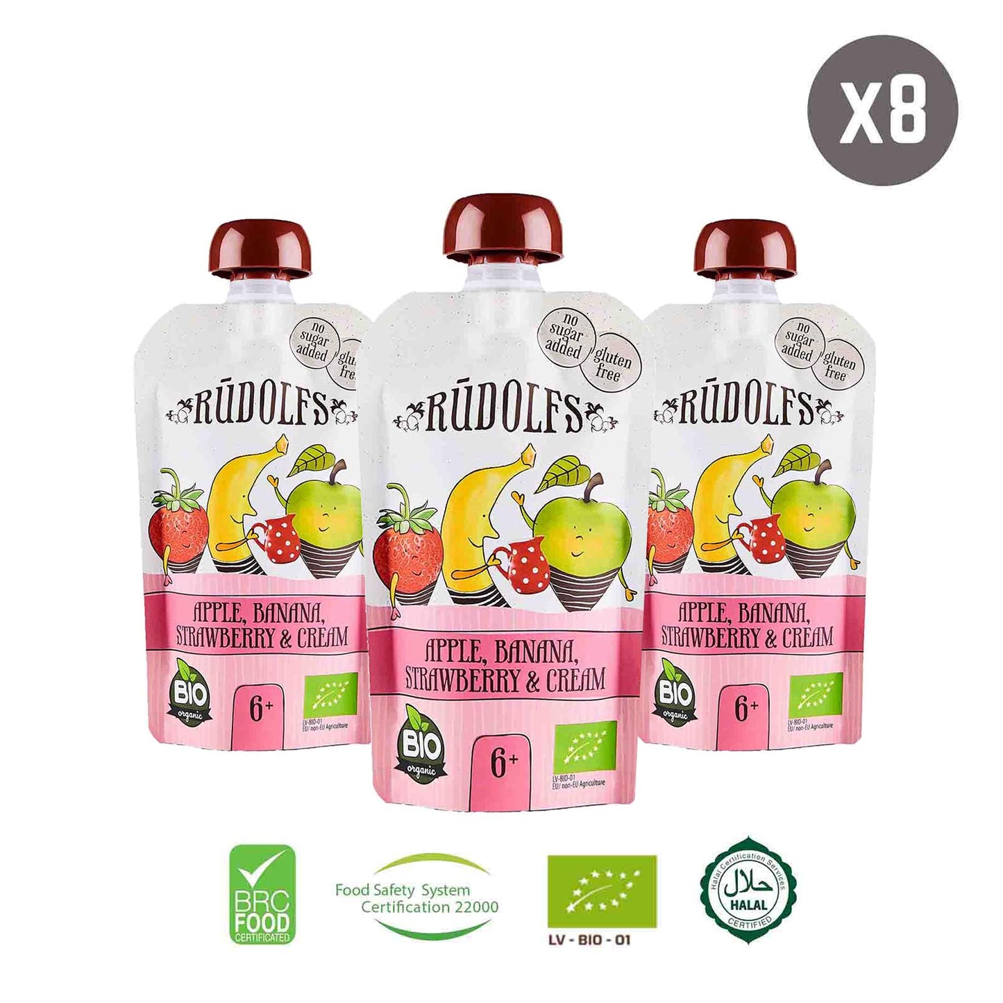 Rudolfs Organic Apple, Banana, Strawberry and Cream 6+ Months (8 pcs)