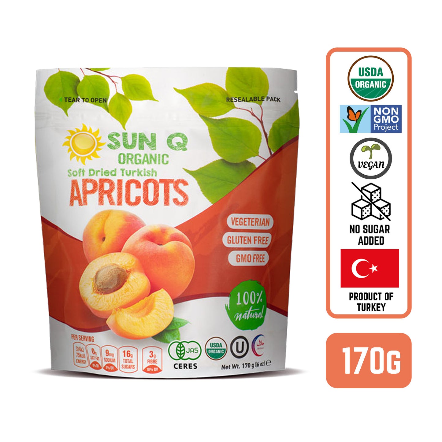 SunQ Organic Soft Dried Apricots, 170g (6 Packets/Case)