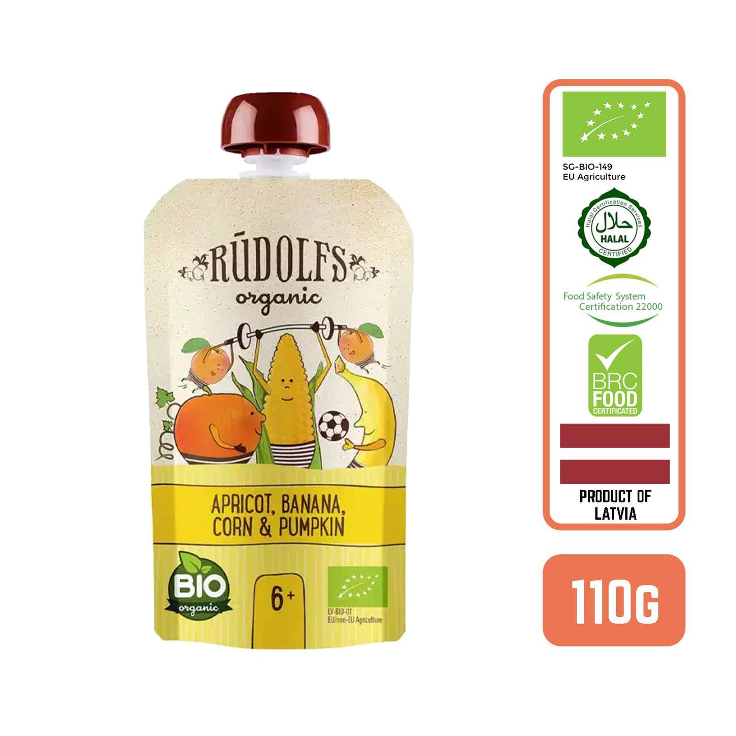 Rudolfs Baby Organic Apricot, Banana, Corn & Pumpkin 6+ Months (8 pcs)