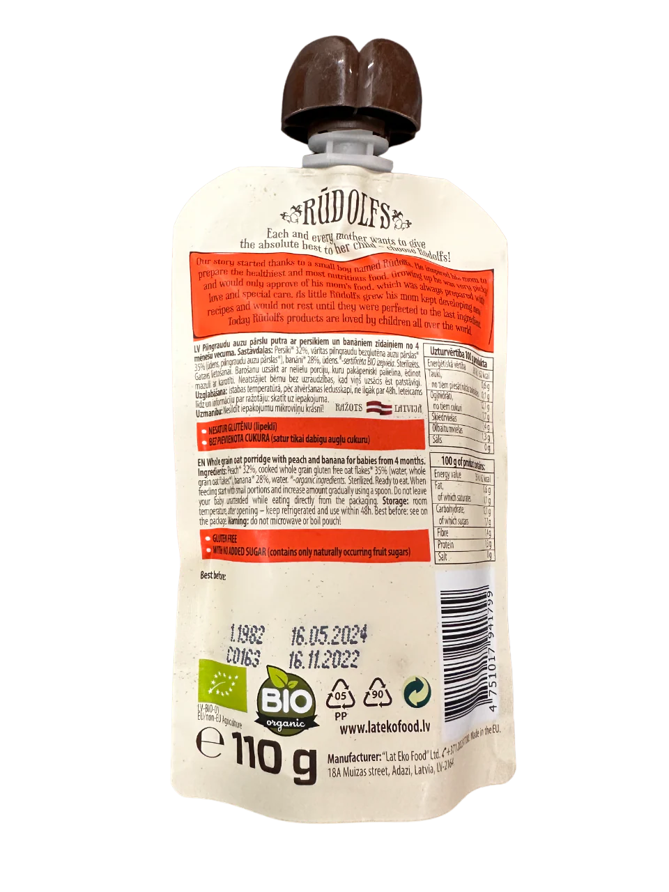 Rudolfs Baby Organic Peach Banana Oat Porridge 4+ Months
