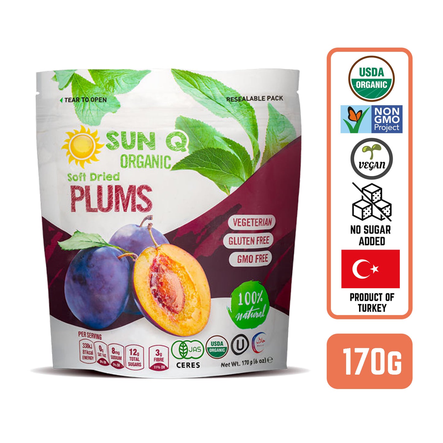 SunQ Organic Soft Dried Prunes, 170g (6 Packets/Case)