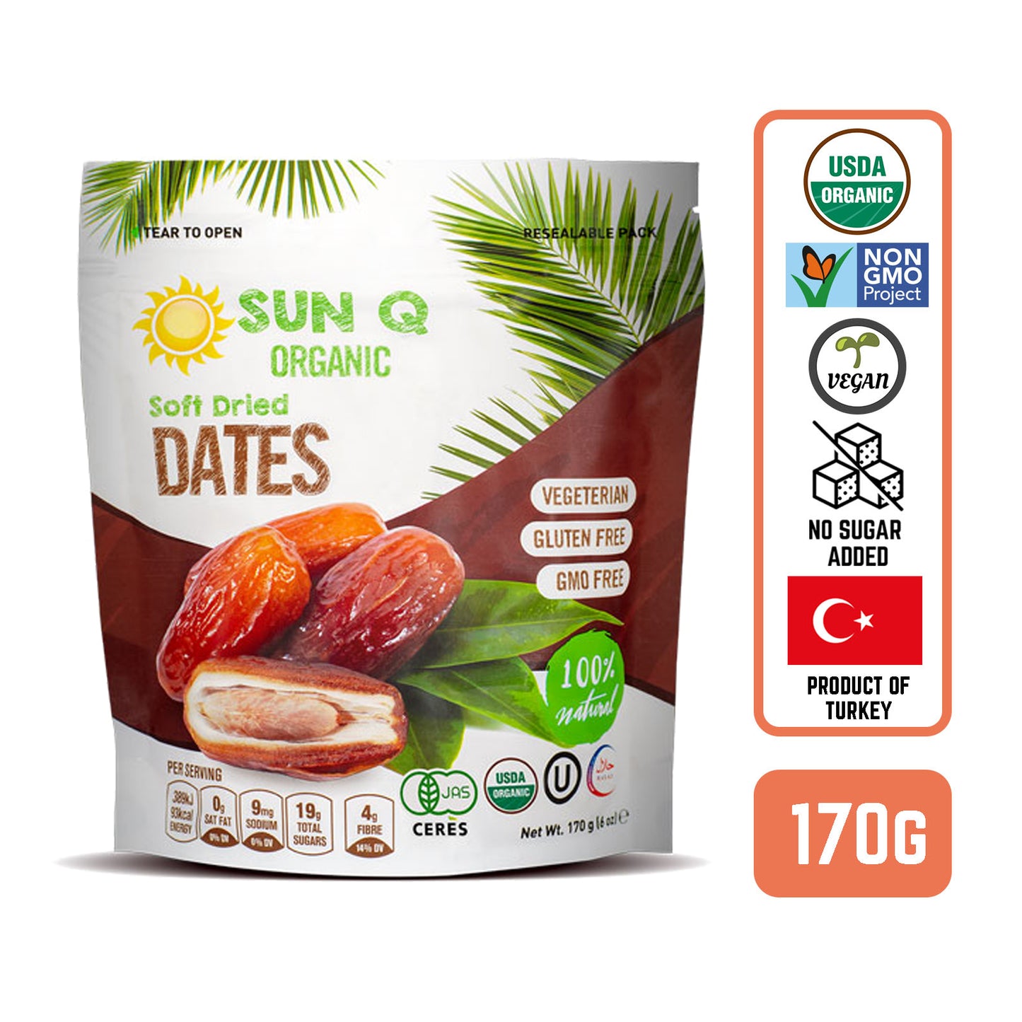 SunQ Organic Soft Dried Dates, 170g (6 Packets/Case)