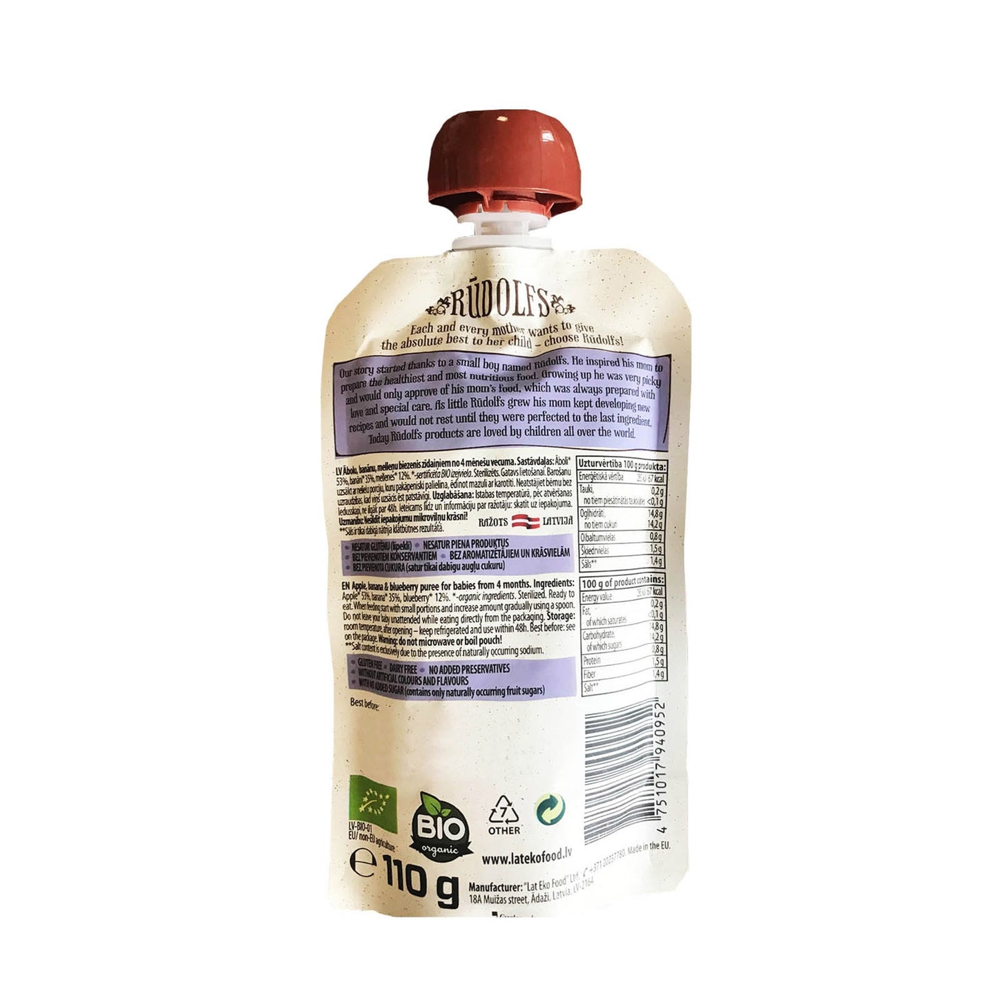 Rudolfs Organic Apple, Banana & Blueberry 4+ Months (8 pcs)