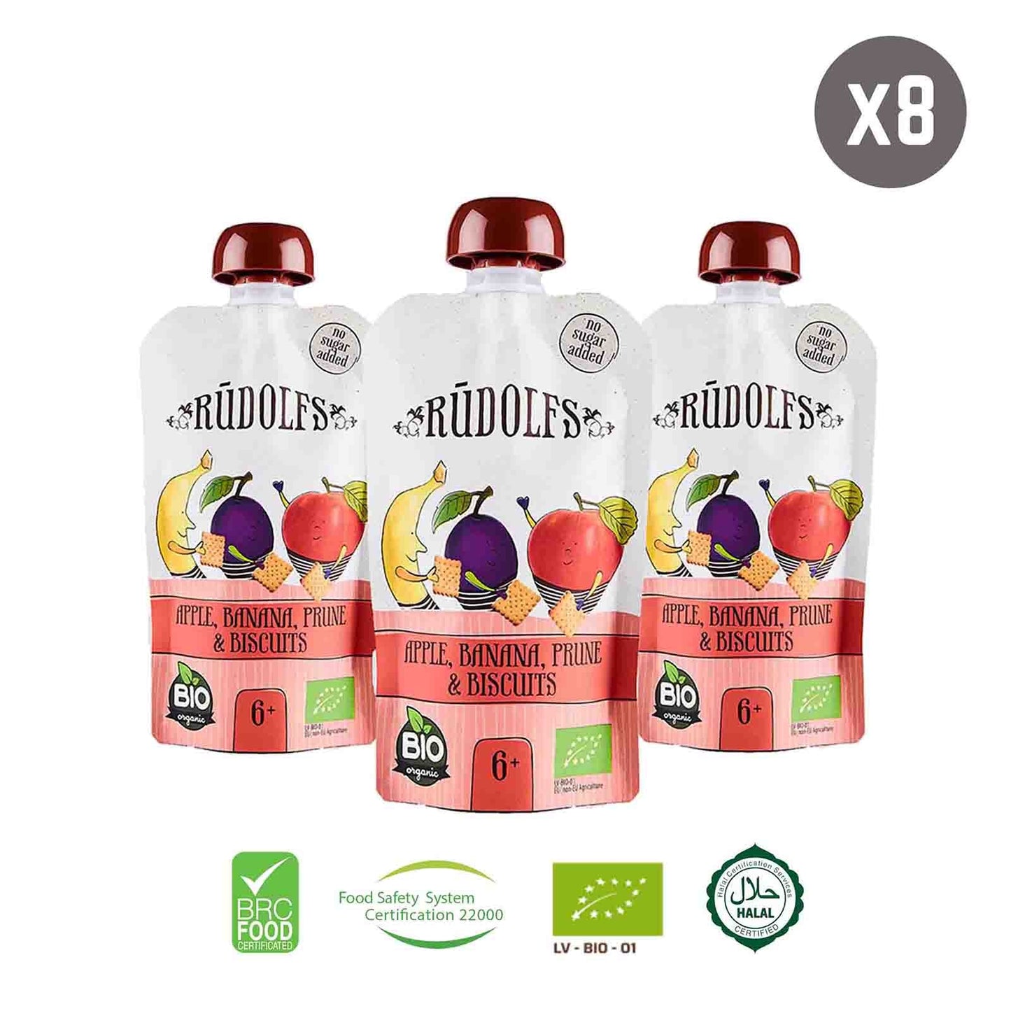 Rudolfs Organic Apple, Banana, Prune & Biscuits 6+ Months (8 pcs)