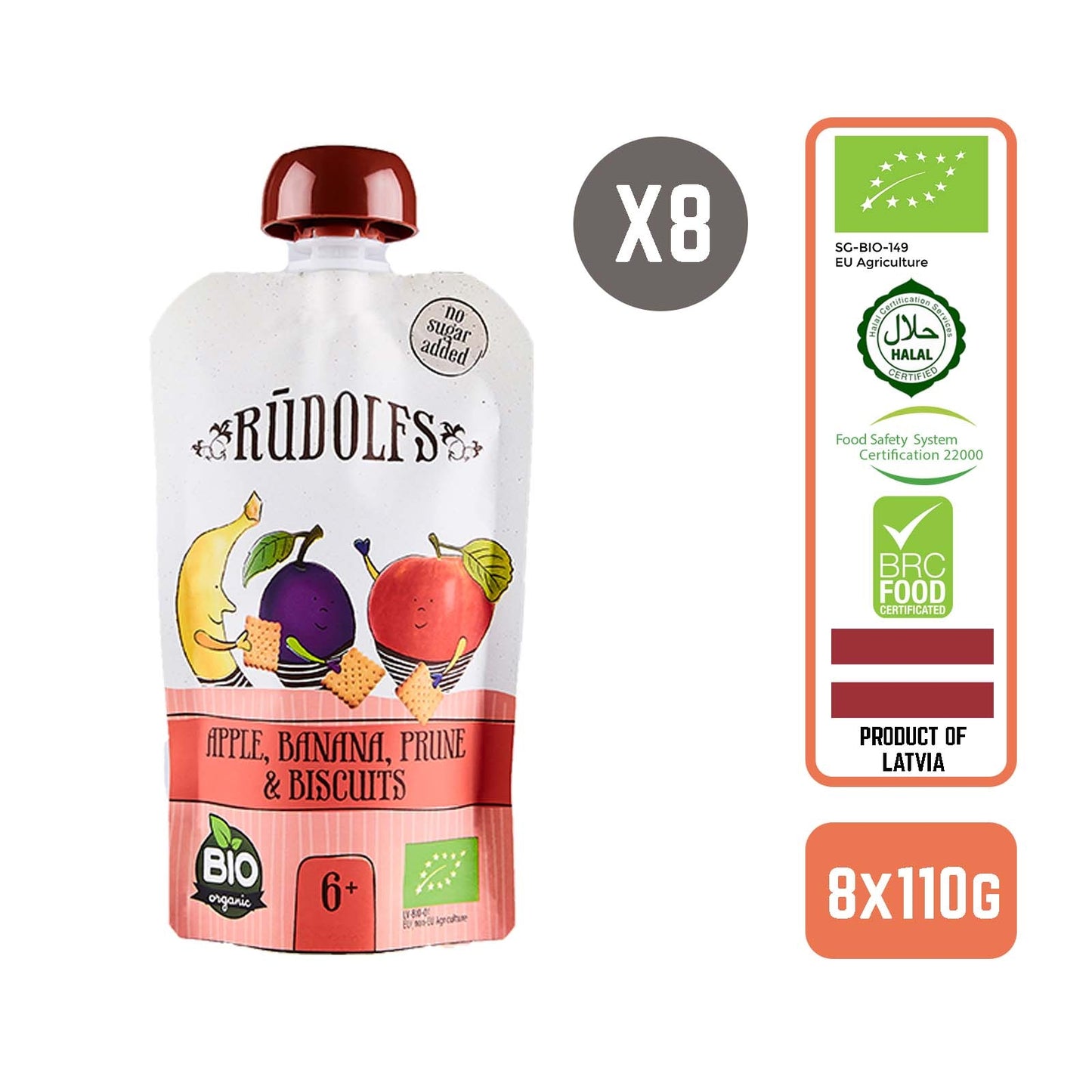 Rudolfs Organic Apple, Banana, Prune & Biscuits 6+ Months (8 pcs)