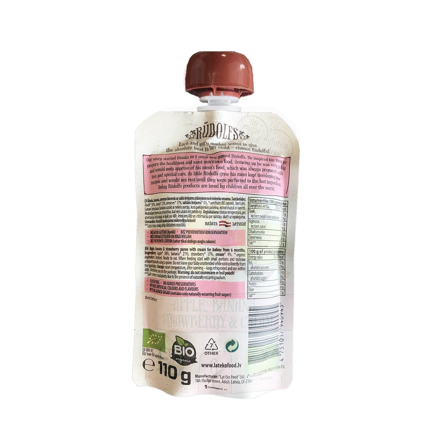 Rudolfs Organic Apple, Banana, Strawberry and Cream 6+ Months (8 pcs)