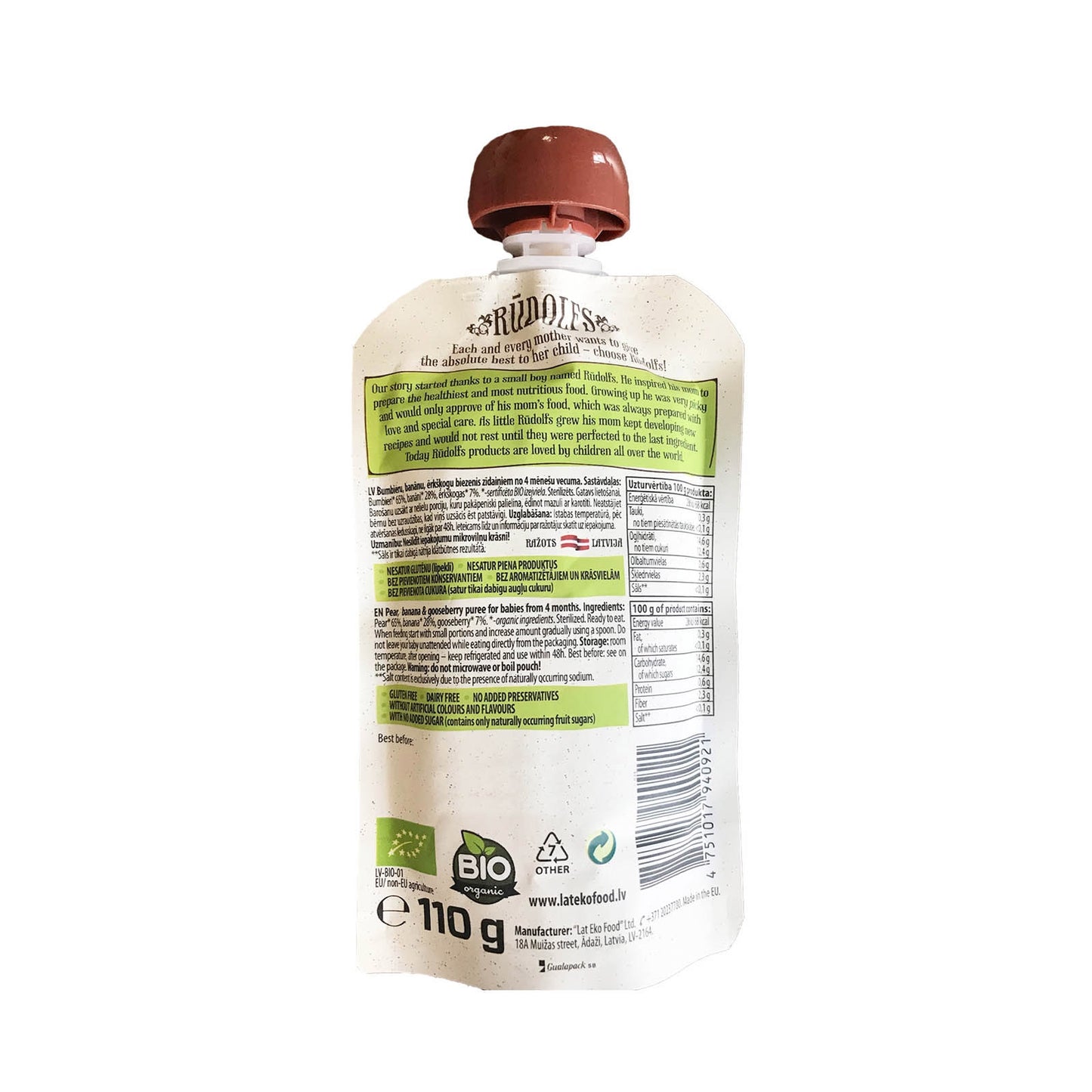 Rudolfs Organic Pear, Banana & Gooseberry 4+ Months (8 pcs)