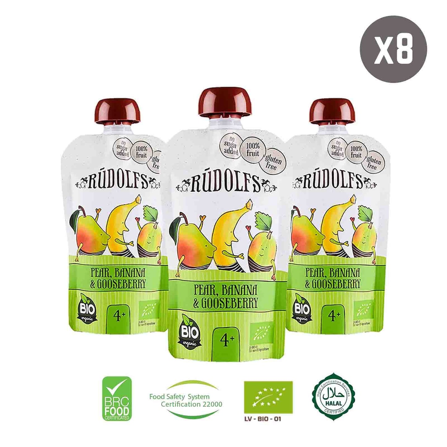 Rudolfs Organic Pear, Banana & Gooseberry 4+ Months (8 pcs)
