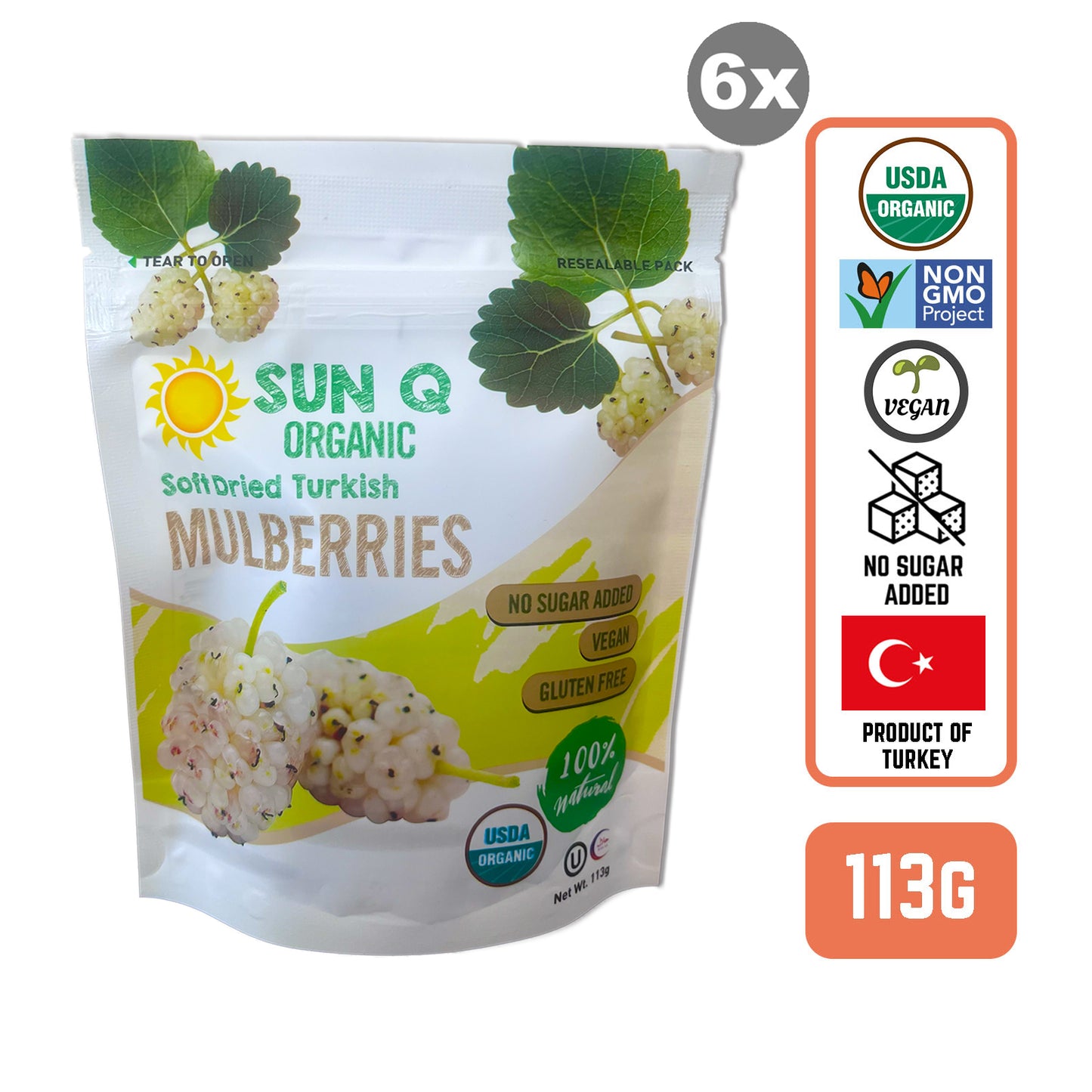 SunQ Organic Soft Dried Mulberries, 113g (6 Packets/Case)