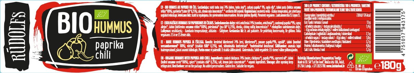 Rudolfs Organic Hummus with Paprika & Chili, 180g Carton (6 Bottles)