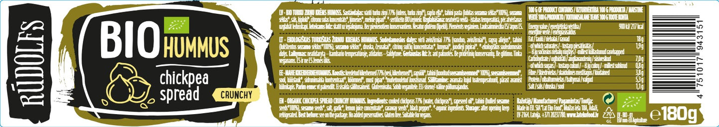 Rudolfs Organic Crunchy Hummus Vegetable Spread, 180g Carton (6 Bottles)
