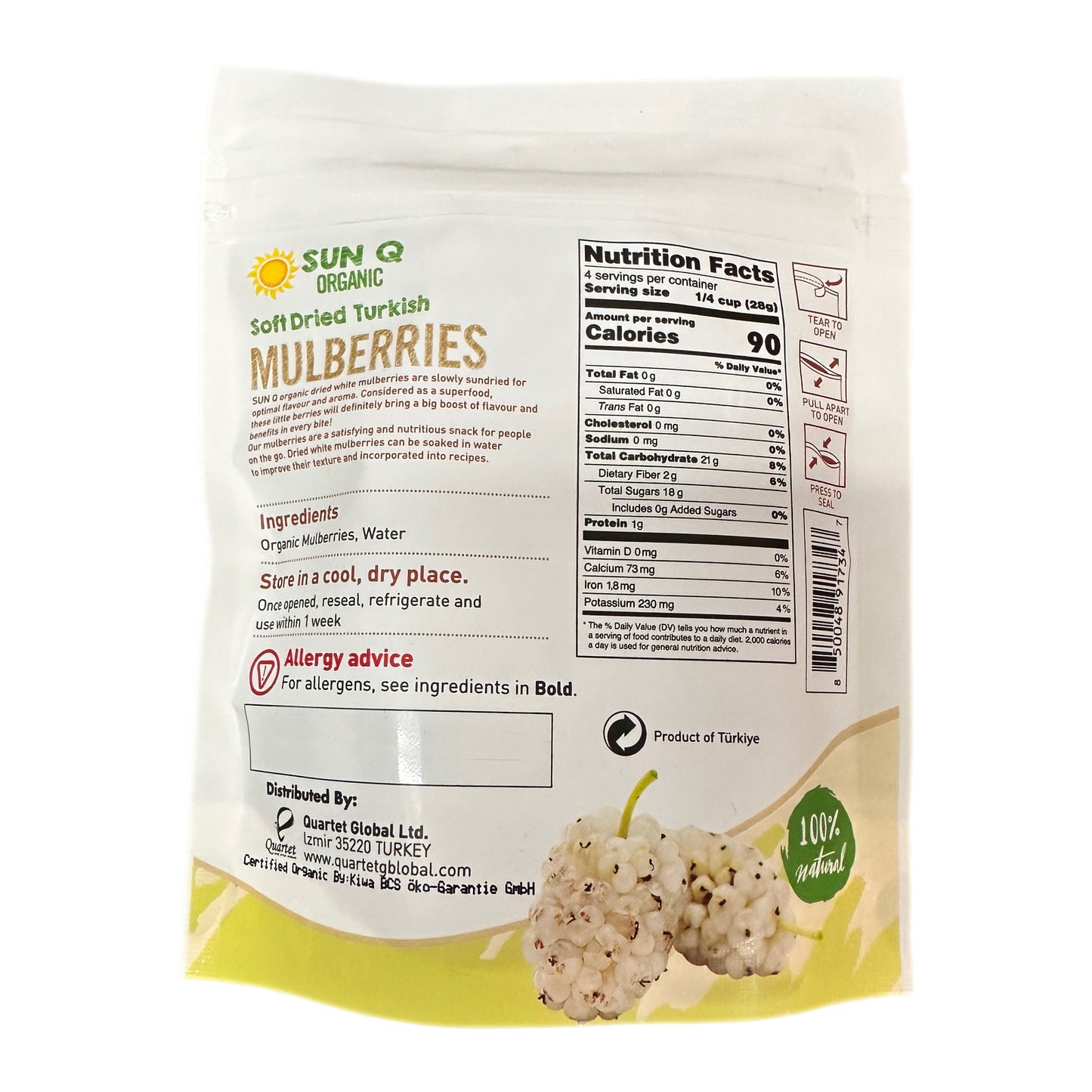 SunQ Organic Soft Dried Mulberries, 113g (6 Packets/Case)