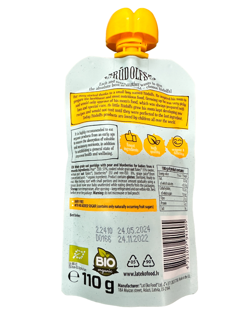 Rudolfs Baby Organic Pear Blueberry Oat Porridge 4+ Months