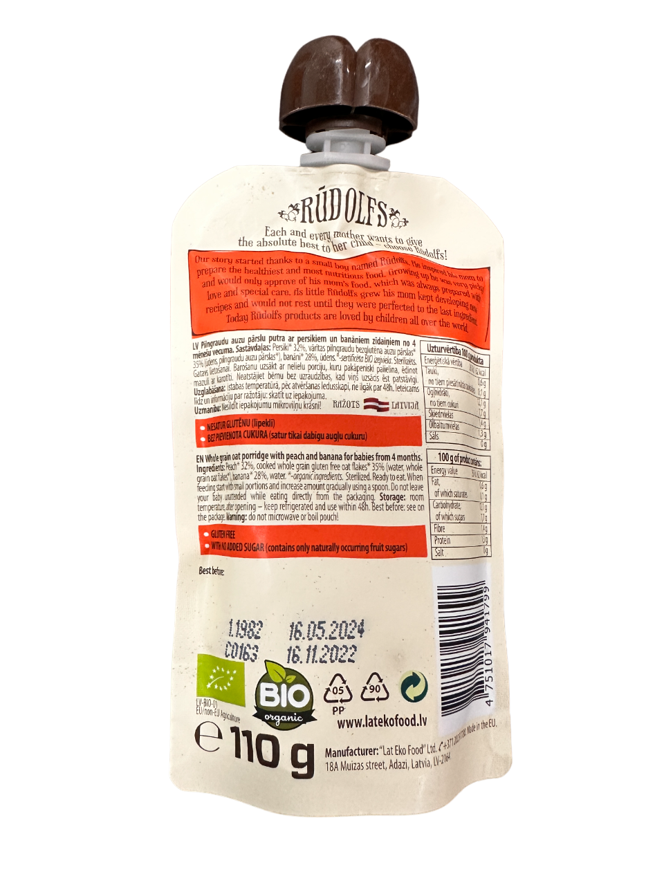 Rudolfs Baby Organic Peach Banana Oat Porridge 4+ Months