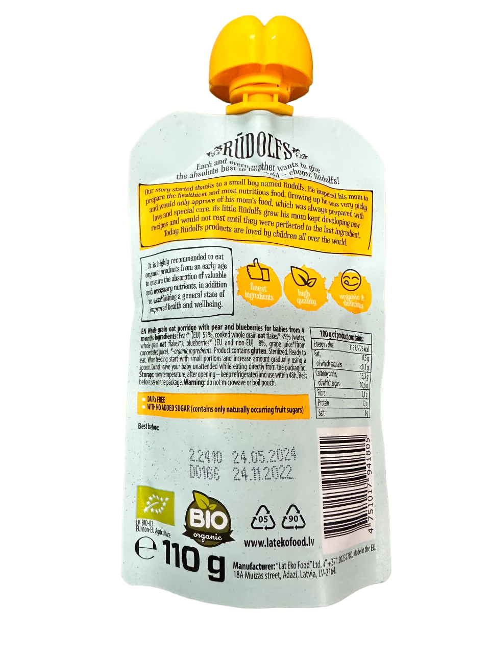Rudolfs Baby Organic Pear Blueberry Oat Porridge 4+ Months