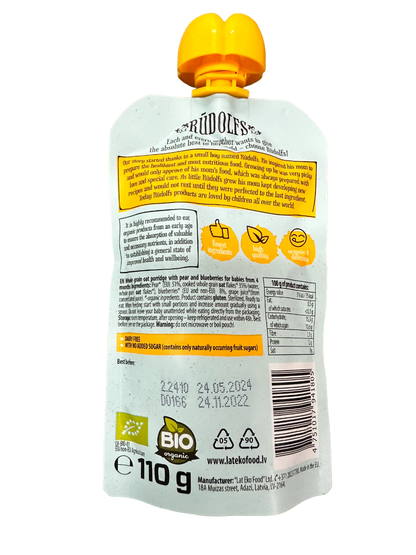 Rudolfs Baby Organic Pear Blueberry Oat Porridge 4+ Months