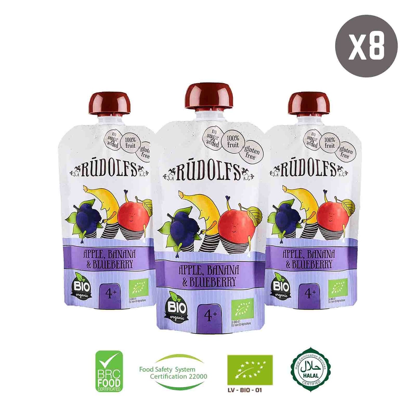 Rudolfs Organic Apple, Banana & Blueberry 4+ Months (8 pcs)