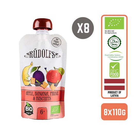 Rudolfs Organic Apple, Banana, Prune & Biscuits 6+ Months (8 pcs)
