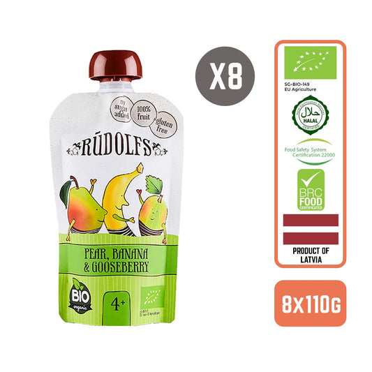 Rudolfs Organic Pear, Banana & Gooseberry 4+ Months (8 pcs)
