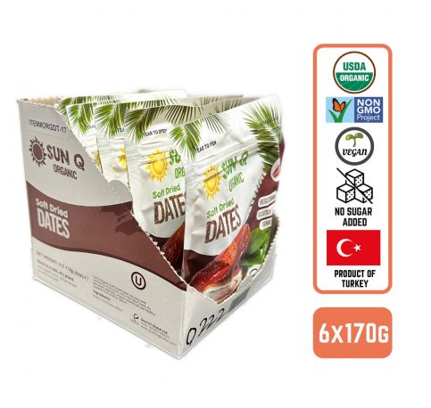 SunQ Organic Soft Dried Dates, 170g (6 Packets/Case)