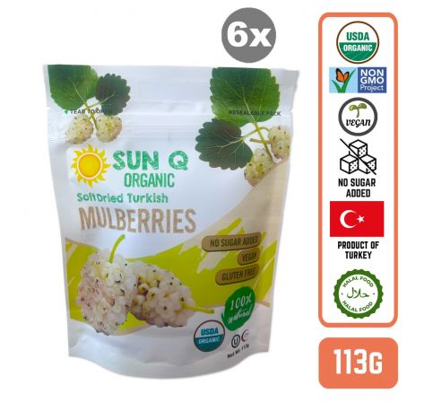 SunQ Organic Soft Dried Mulberries, 113g (6 Packets/Case)